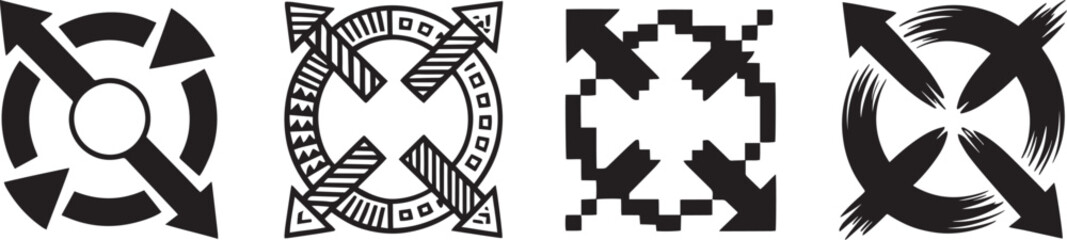 Full screen icon set, expand arrow symbol, maximize sign, zoom out indicator