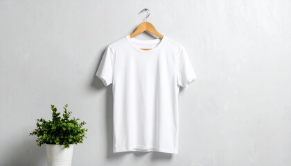 White Tshirt on Hanger Mockup with Modern Gray Wall Background.