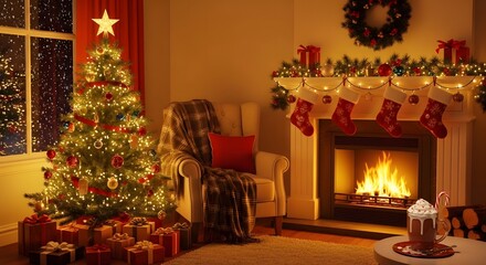 Cozy christmas interior scene with tree fireplace presents festive decorations