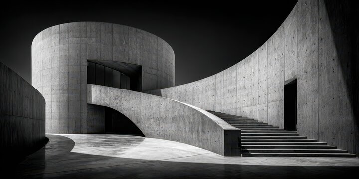 Modern concrete architecture featuring innovative design with sleek staircase, minimalistic structure, artistic urban exterior, and contemporary geometric construction