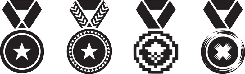 Medal icon set with star, award symbol, achievement insignia, victory sign, champion emblem