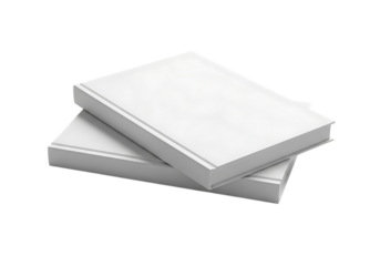 Two blank white hardcover books stacked on each other, isolated on transparent background