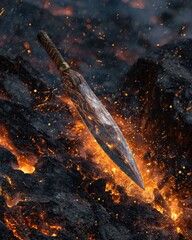 Fototapeta premium Sword of Fire: A close-up shot captures a mystical sword engulfed in fire, showcasing its intricate details and radiating a captivating glow against a dark, fiery background. The image evokes power.