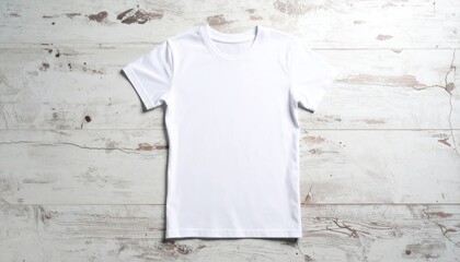 White tshirt mockup on wood background with apparel template.
