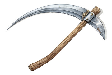 Watercolor illustration of a scythe with a wooden handle and a curved silver blade. Hand-painted in a soft, textured style, this Halloween clipart evokes spooky and gothic vibes. Ideal for posters, in