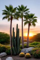 Fototapeta premium Palm trees and cacti growing in desert garden at sunset