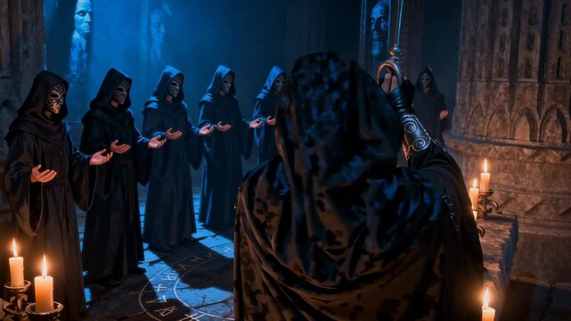 Enigmatic hooded participants convene in shadowy stone chamber, central metallic-masked figure presiding over ritualistic scene illuminated by flickering candlelight