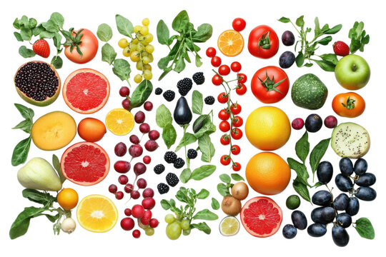 Fresh fruits and vegetables arranged create a vibrant and healthy food display on transparent background - Powered by Adobe