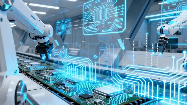 Advanced robotics manipulate intricate circuit board on high-tech production line. Holographic display tracks complex electronic component assembly with cutting-edge automation technology.