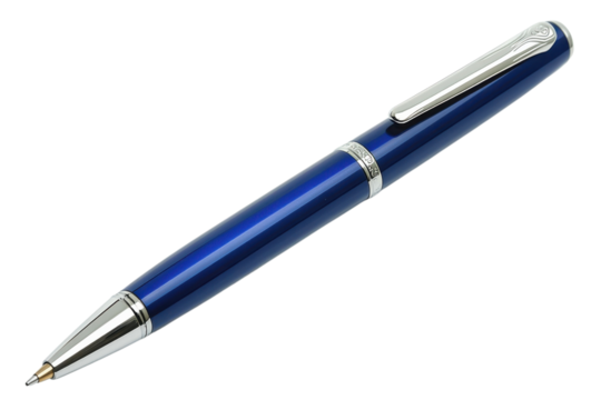 Elegant blue ballpoint pen with silver accents for writing and signing documents in style and comfort on transparent background - Powered by Adobe
