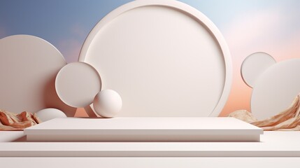 Fototapeta premium Minimalist White Circular Platform and Spheres in Soft Pink and Blue Background