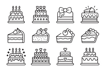 hand drawn cake icons set line art bakery dessert illustrations cake slices tiered cakes