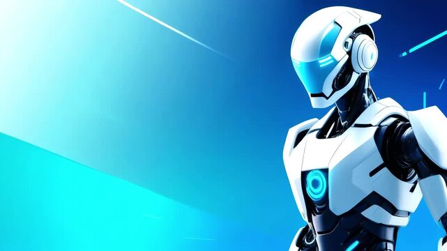 Modern iron glowing robot with neon light on blue abstract technology background. Banner design with the concept of smart tech, engineering innovation, futuristic cyborg