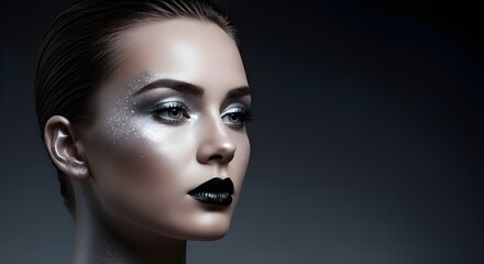 Futuristic Beauty Portrait | Metallic Makeup and Glossy Black Lip Editorial, concept image, copy space