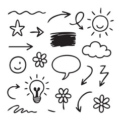 Doodle Collection Featuring Arrows, a Star, Sun, Cloud, Lightbulb, Flowers, Speech Bubble, and Other Hand Drawn Whimsical Elements