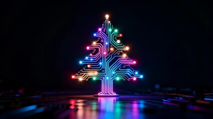 Seamless loop of glowing circuit board morphing into christmas tree silhouette with vibrant neon lights on reflective dark surface, showcasing technological holiday design. - Powered by Adobe