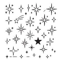Collection of Hand Drawn Starbursts and Stars in Black and White Featuring Celestial and Sparkle Elements for Design