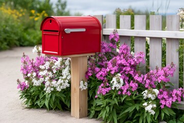 Red mailbox standing by blooming garden phlox