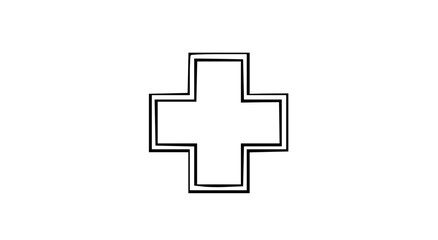 Fototapeta premium Simple black and white illustration of a cross shape with a double outline on a white background.