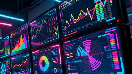 Vibrant digital interface showcasing complex data analytics through dynamic multicolor graphs, line charts, and statistical visualizations with luminescent blue and pink lighting effects. - Powered by Adobe