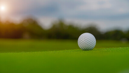 Golf ball on green grass in the evening golf course with sunshine background.