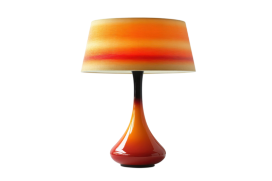 Elegant table lamp with orange and red gradient shade provides warm ambient lighting for home decor on transparent background