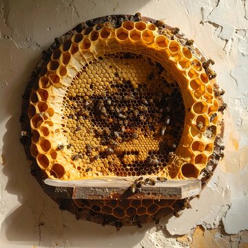Honeycomb with bees, round structure, mounted on peeling wall