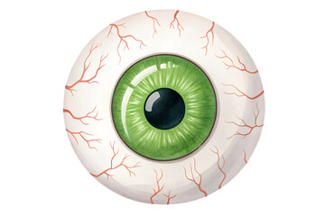 Watercolor illustration of a green eyeball isolated on transparent background. Cute yet spooky Halloween element ideal for party decorations, stickers, posters, cards, or digital art. The hand-painted
