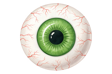 Watercolor illustration of a green eyeball isolated on transparent background. Cute yet spooky Halloween element ideal for party decorations, stickers, posters, cards, or digital art. The hand-painted