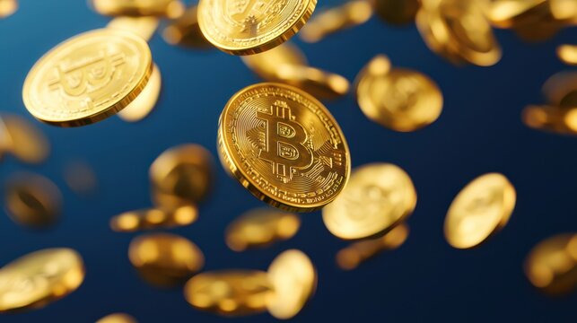 A collection of Bitcoin coins floating against a dark background, symbolizing digital currency and investment.