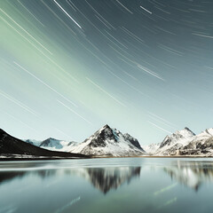 Soft green aurora waves glow over still lake waters and winter mountains at night.