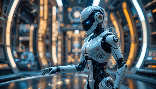 Advanced humanoid robot in a futuristic corridor with glowing light panels