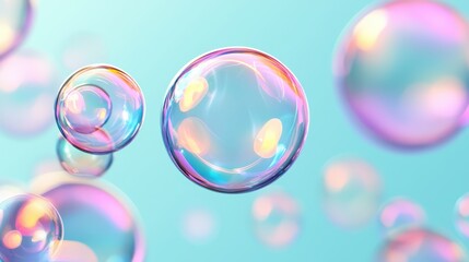 Colorful soap bubbles floating against a soft blue background, creating a whimsical and lighthearted atmosphere.