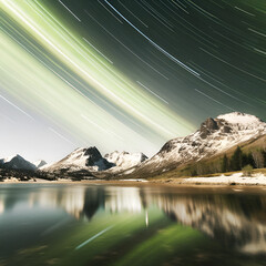 Vibrant northern lights streak through the sky over serene lakes and snow-covered peaks.