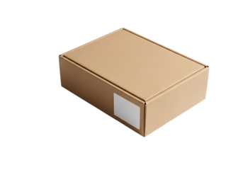 A closed cardboard shipping box with a small white label on the side, isolated on a transparent background, ready for delivery or storage