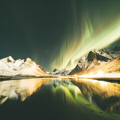 Bright yellow-green aurora dances across clear skies above quiet snowy mountain scenery.