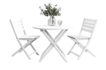 White outdoor patio set with round table and two folding chairs perfect for garden or balcony seating on transparent background