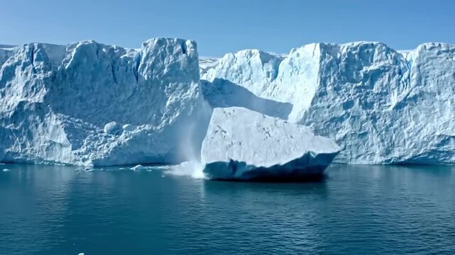 Time-lapse of a massive glacier calving into the ocean. Climate change.