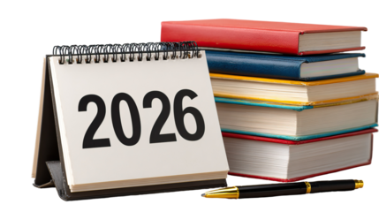 2026 desk calendar with pen over books and large year text on transparent background