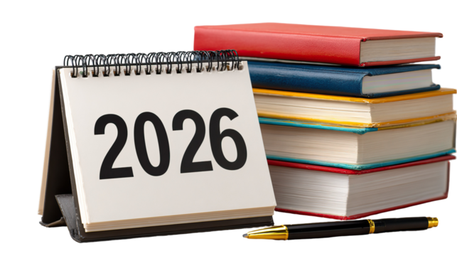 2026 desk calendar with pen over books and large year text on transparent background
