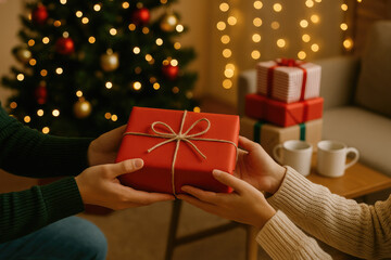 Group of people presenting Christmas gift boxes in a relaxed and happy mood. Perfect image for...