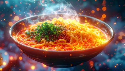 Steaming hot bowl of ramen noodles garnished with green onions and sesame seeds, perfect for cozy nights and culinary delight.
