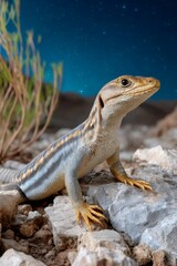Fototapeta premium Desert lizard standing on rocks under starry night sky