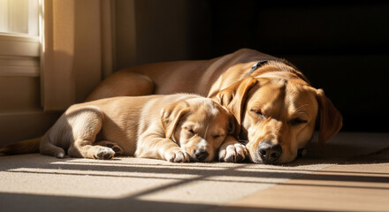 Sleeping labrador retriever dog and puppy cute dogs adorable pets golden retriever family dogs sunbathing