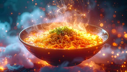 Steaming hot bowl of ramen noodles garnished with green onions and sesame seeds, perfect for cozy nights and culinary delight.