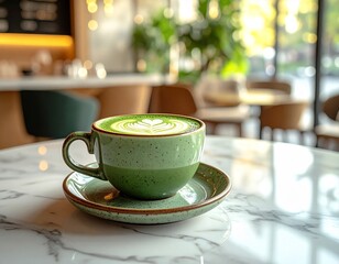 Savoring a vibrant matcha latte with intricate art, a perfect moment of calm and indulgence in a modern cafe setting.