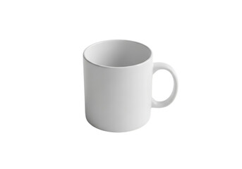 A simple white ceramic mug with a handle, isolated on a transparent background, ideal for coffee, tea, or promotional branding