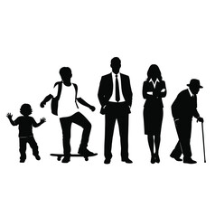 Diverse group of human life stages depicted as black silhouettes on a clean white background isolated on white background