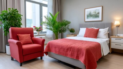 Fototapeta premium Cozy bedroom interior with red armchair and house plants