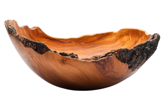 Handcrafted wooden bowl with natural bark edge showcasing artisan woodworking and rustic home decor style on transparent background
